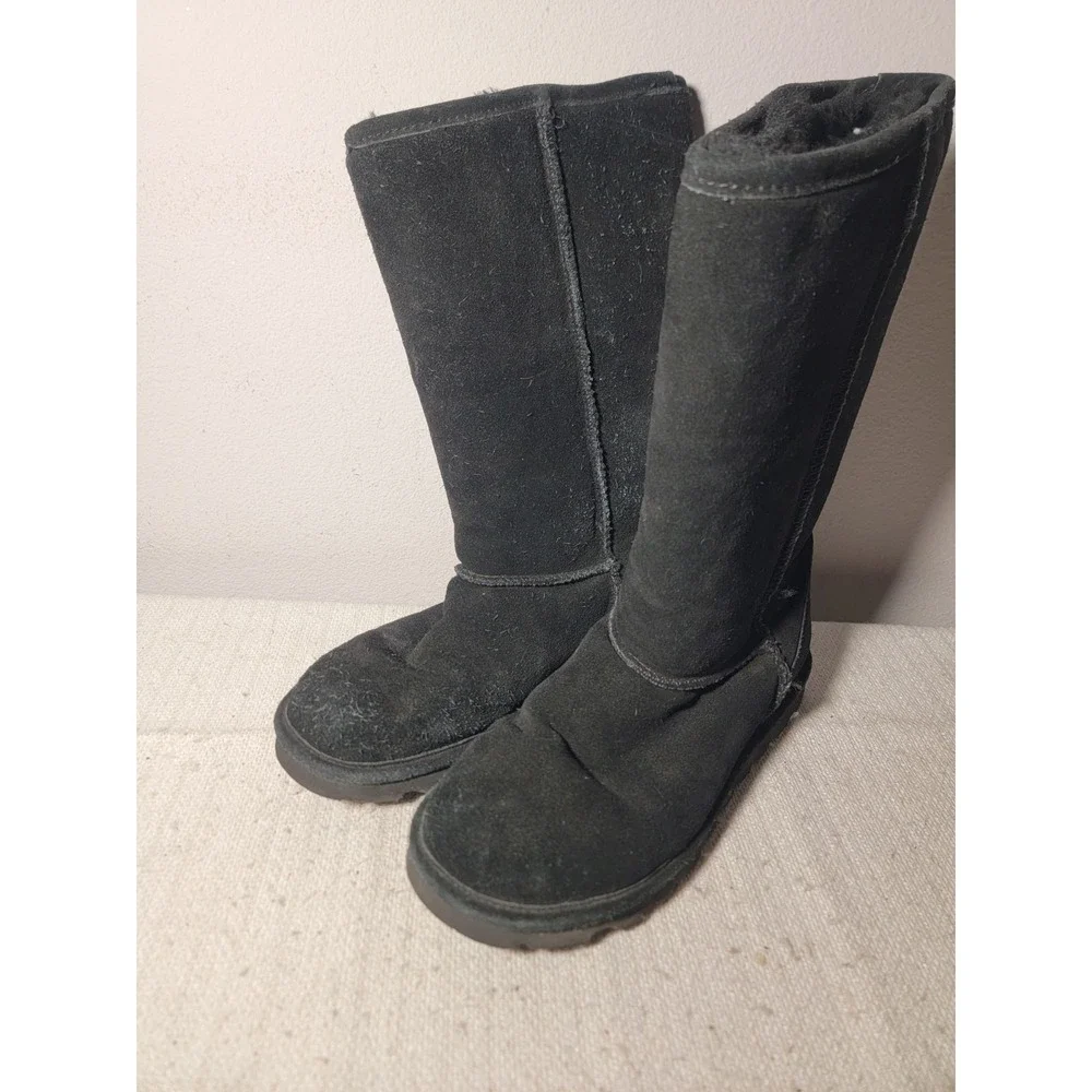 Bearpaw Elle Tall Black Suede Boots Womens Size 10 Sheepskin Wool Lined 624W